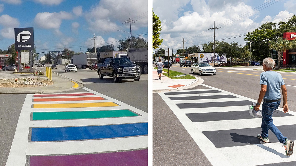 Split with left photo showing rainbow crosswalk in 2017 and right photo showing non-rainbow crosswalk in 2025