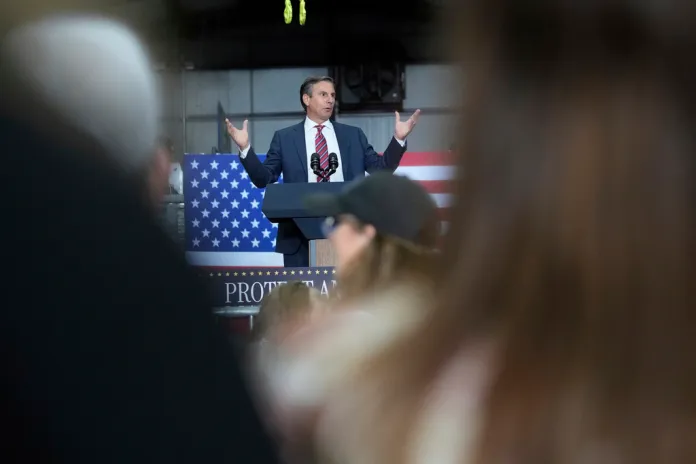 Republican U.S. Senate candidate Derek Dooley speaks ahead of Vice President JD Vance during a visit to ALTA Refrigeration Inc., Thursday, Aug. 21, 2025, in Peachtree City, Ga. (AP Photo/Brynn Anderson)