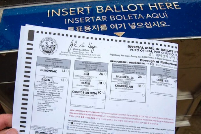 A New Jersey primary ballot has an "office-block ballot" design in Rutherford, New Jersey, on Friday, May 10, 2024. The design conforms to a U.S. district judge's ruling that the state ends the practice of designing ballots with the "county line" layout, also called "line-column ballot" and "on the line," which listed candidates with political party support in a single column and often relegated others to "ballot Siberia," which casual primary voters might miss or ignore under the assumption that party leaders had deemed the candidates too fringe. This comes after a federal appeals court affirmed a lower court's decision to order New Jersey Democrats and county clerks to scrap the previous ballot design widely viewed as helping candidates with establishment backing.