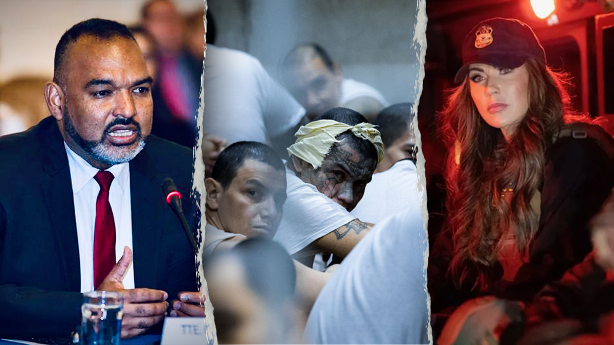 Arocha, left; Noem, right; Tren de Aragua members, middle