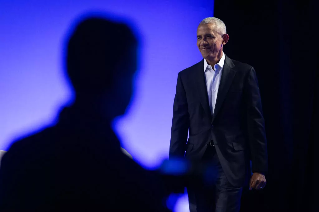 Former President Barack Obama moderates a conversation during the Obama Foundation's 2024 Democracy Forum on Dec. 05, 2024 in Chicago, Illinois.