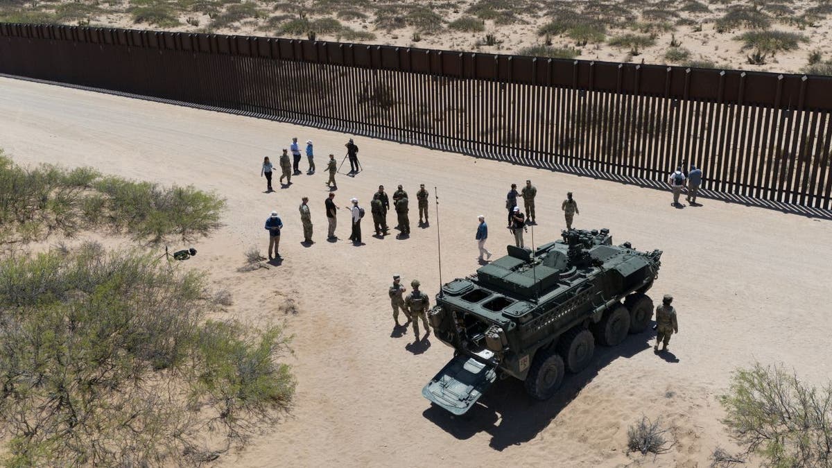 U.S. soldiers take measures at the Mexican border after the Department of Defense signed a new order declaring 110,000 acres of land on the Mexican border as a National Defense Area at the request of President Donald Trump in New Mexico, United States on May 08, 2025.