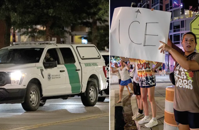 Left, U.S. Customs and Border Patrol vehicles on 14th Street.; Right, a woman holds a sign displaying ICE, warning drivers of a police checkpoint on 14th Street. (Graeme Jennings/Washington Examiner)