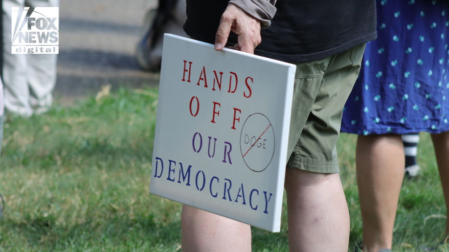 Protester hold signs to defend democracy