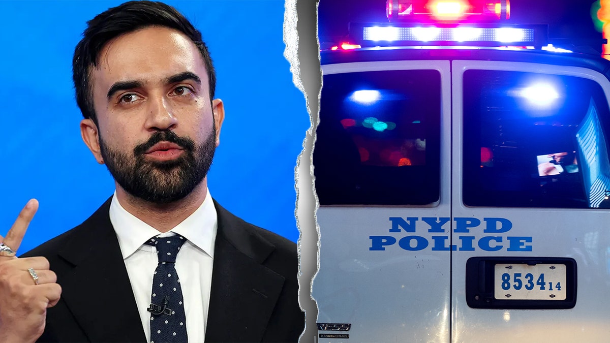 Zohran Mamdani at the June 24, 2025 NYC mayor debate, left, NYPD car, right.