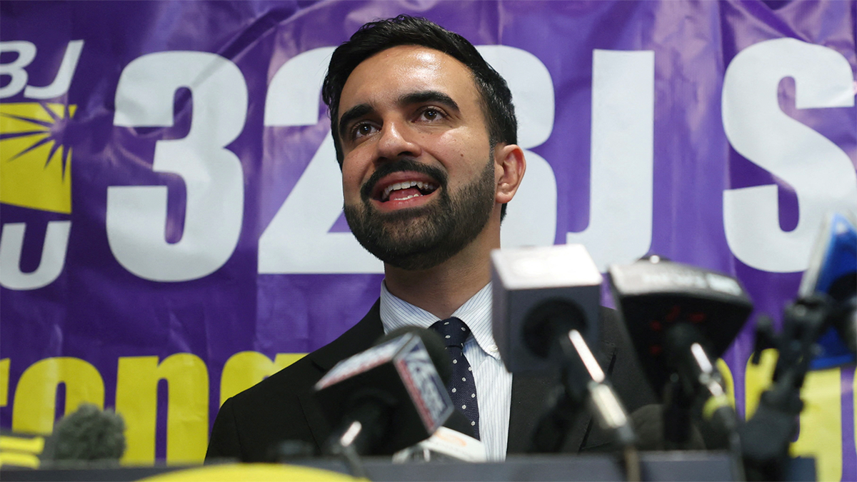 Zohran Mamdani speaks at the 32BJ SEIU union headquarters at a midtown Manhattan office tower in New York.