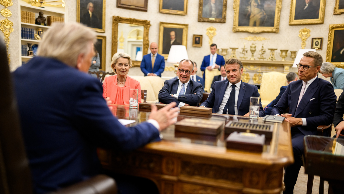 President Donald Trump speaks with European leaders in the Oval Office