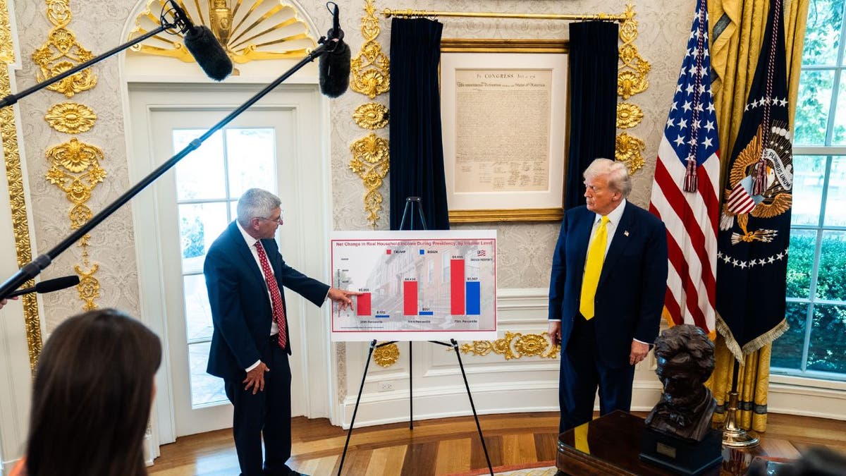 Trump stands in front of gold details in the Oval Office