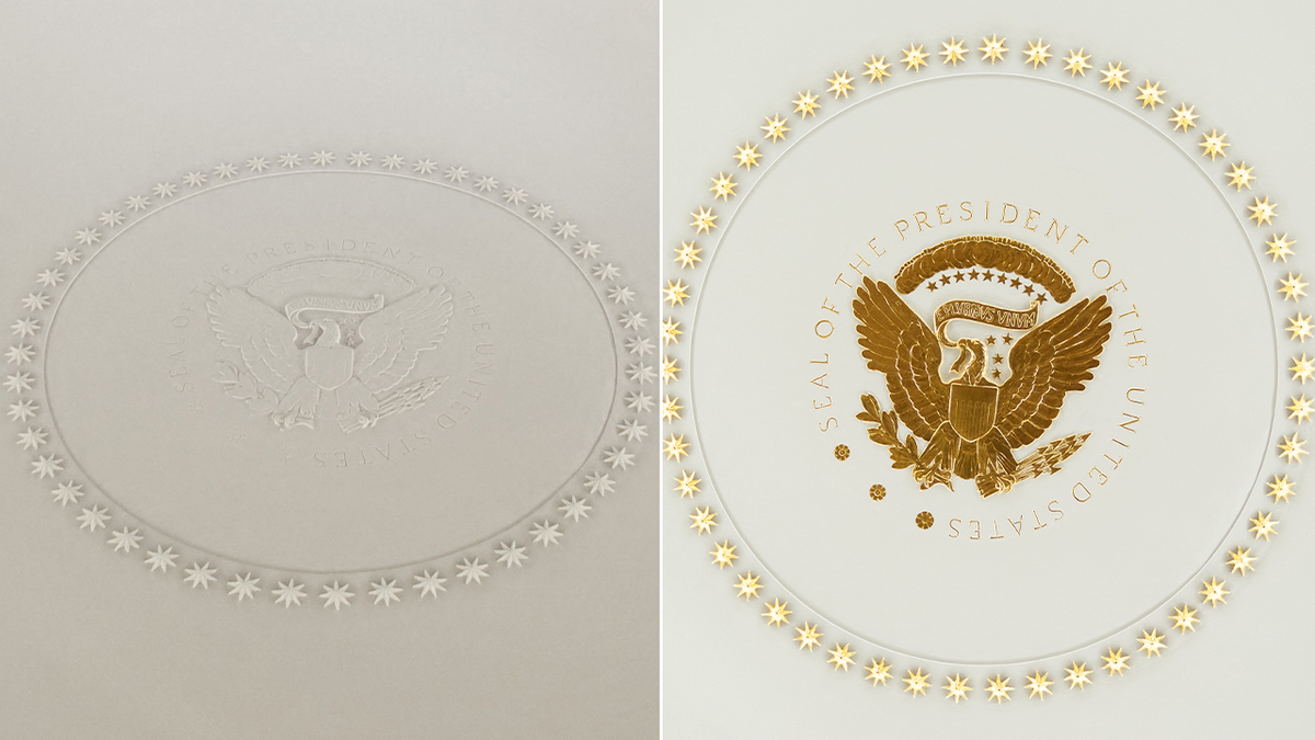 side by side image of the Oval Office ceiling