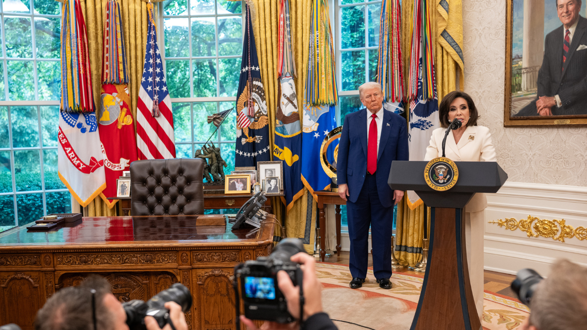 President Trump listens to remarks following a swearing-in ceremony in the Oval Office.