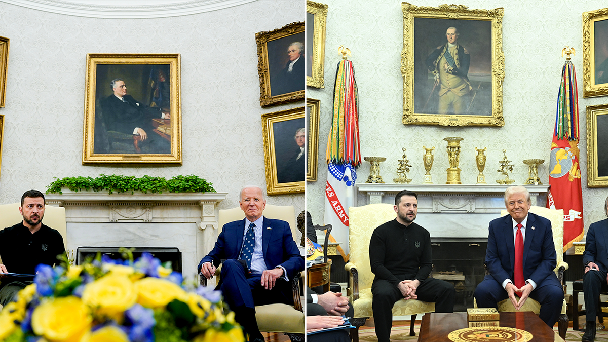 A side by side image comparing a Biden Oval Office and a Trump Oval Office