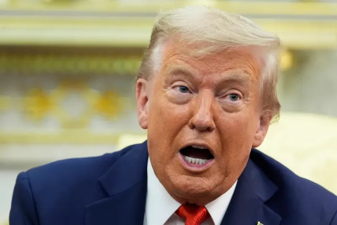 President Donald Trump speaks during a meeting with South Korean President Lee Jae Myung in the Oval Office of the White House, Monday, Aug. 25, 2025, in Washington.