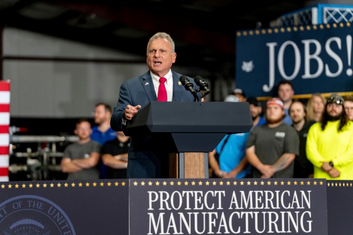 Rep. Buddy Carter (R-GA) speaks ahead of Vice President JD Vance in Peachtree City, Georgia, on Aug. 21, 2025. (Photo by Ben Hendren/Sipa USA via AP Images)