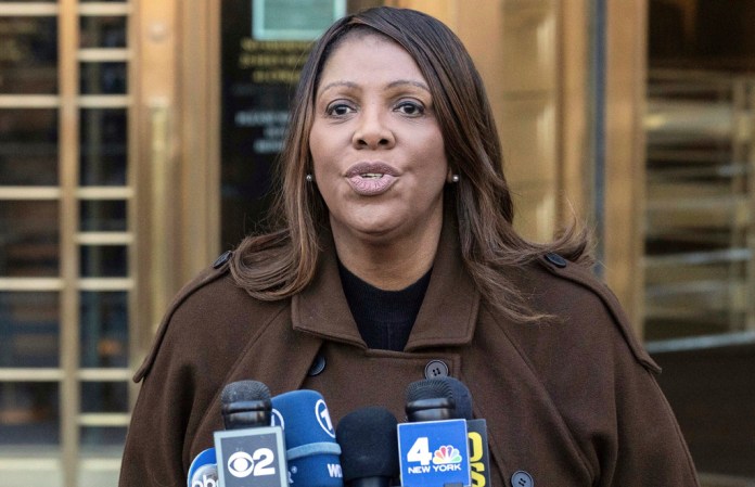 New York Attorney General Letitia James speaks during a news conference outside Manhattan federal court in New York, Feb. 14, 2025. (AP Photo/Yuki Iwamura, File)