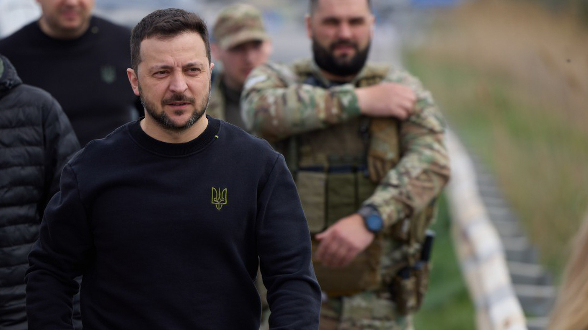 President of Ukraine Volodymyr Zelenskyy walking in the Donetsk region of Ukraine