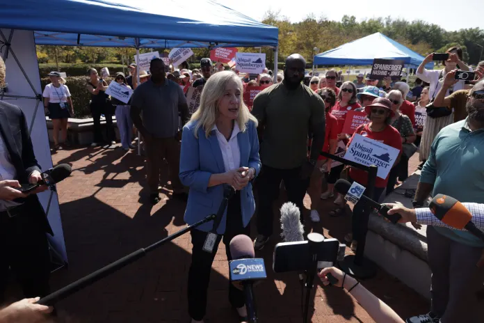 Democratic gubernatorial candidate Abigail Spanberger speaks to reporters.