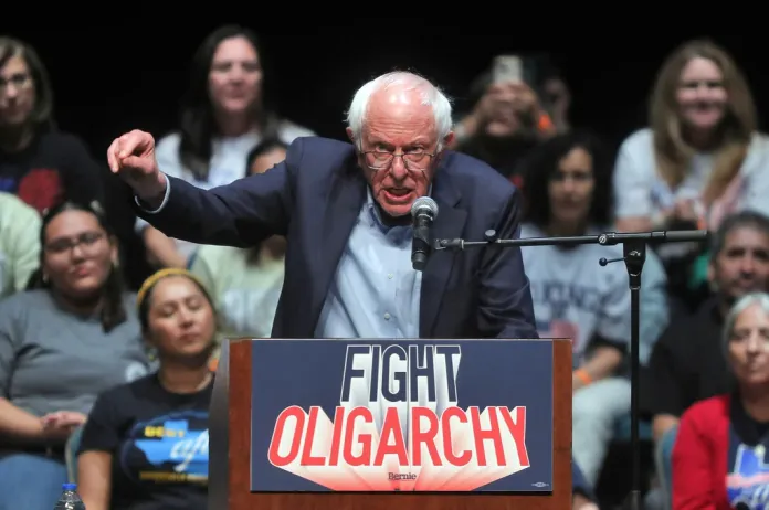 U.S. Senator Bernie Sanders speaks during a stop in the Fighting the Oligarchy tour at the McAllen Performing Arts Center on Friday, June, 20, 2025, in McAllen, Texas. (Joel Martinez/The Monitor via AP)