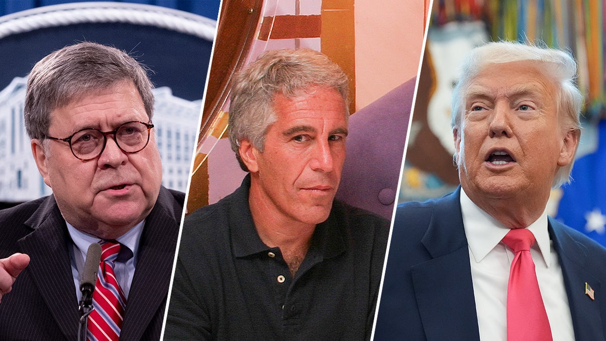 A three-way split image of Bill Barr, Jeffrey Epstein, and Donald Trump