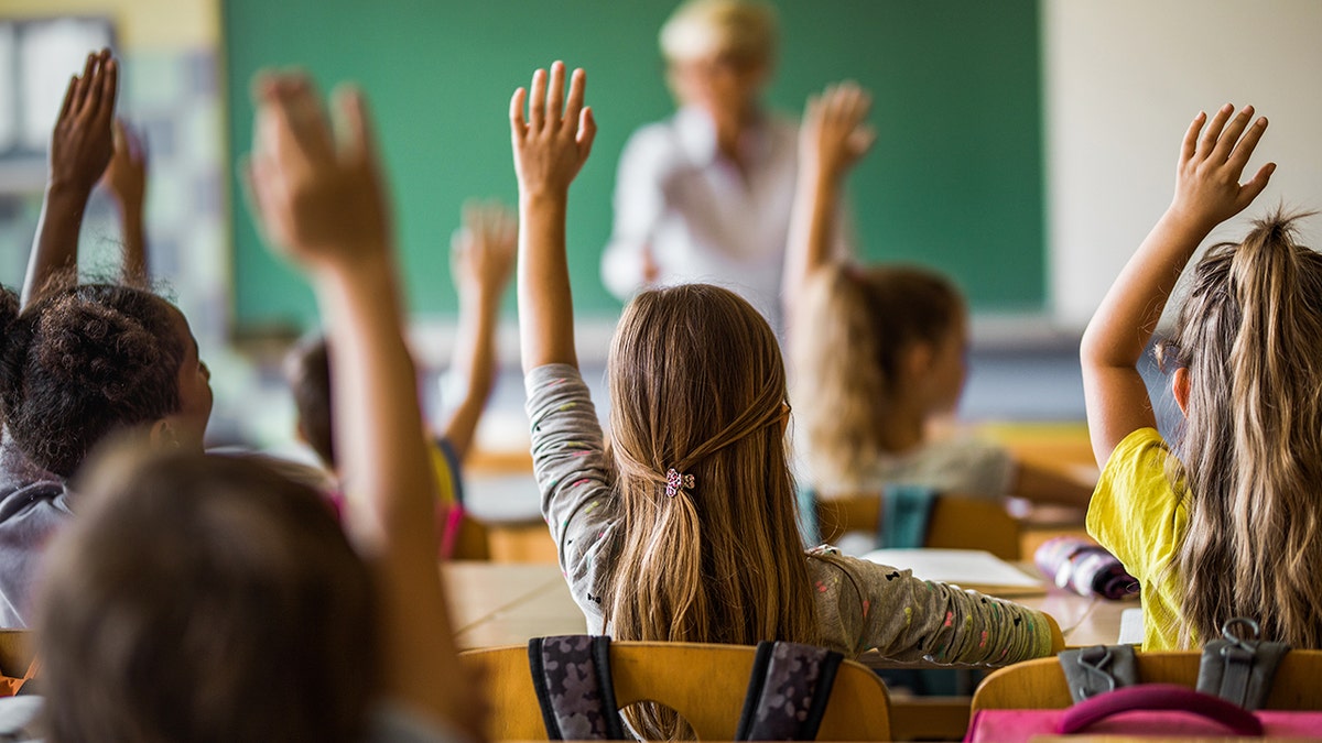 Kids raising hands in class