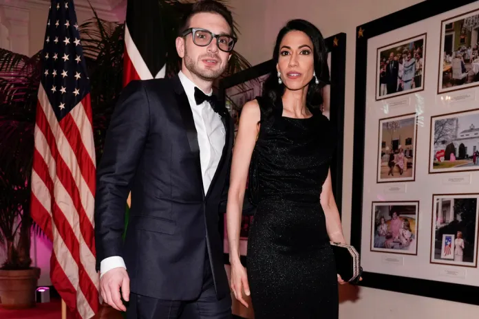 Alex Soros and Huma Abedin arrive at the Booksellers area of the White House.