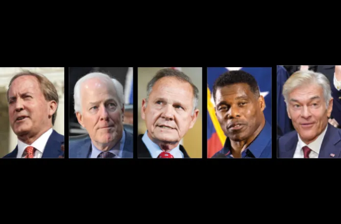 Left to right: Ken Paxton of Texas; Sen. John Cornyn (R-TX); Roy Moore of Alabama; Herschel Walker of Georgia; Mehmet Oz of Pennsylvania (AP Photos)