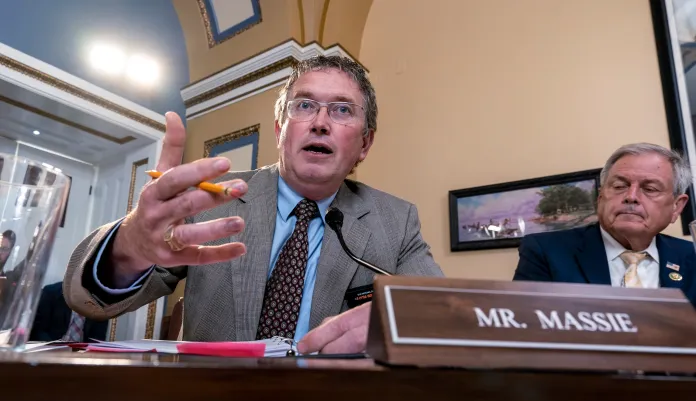 Rep. Thomas Massie, R-Ky., speaks as the House Rules Committee meets to prepare the 2023 debt limit bill for a vote on the floor, at the Capitol in Washington, Tuesday, May 30, 2023. 