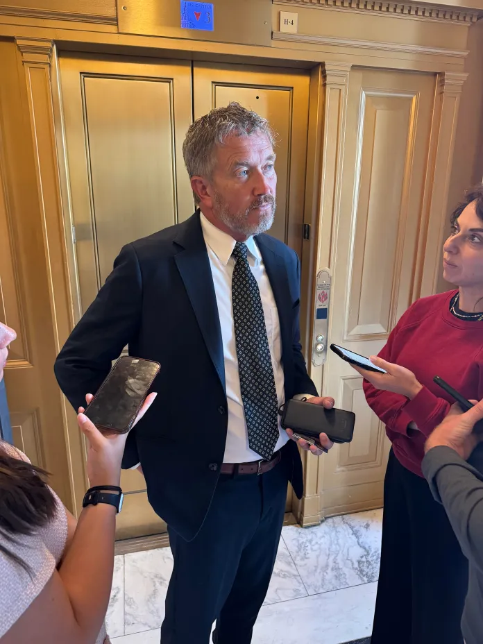 Rep. Thomas Massie (R-KY) speaks to reporters outside the House chamber on Wednesday, Sept. 3, 2025.