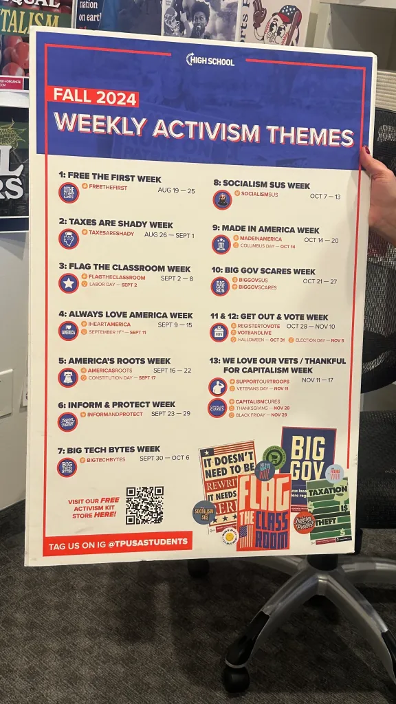 A poster outlining weekly activism themes for Turning Point USA’s high school network.