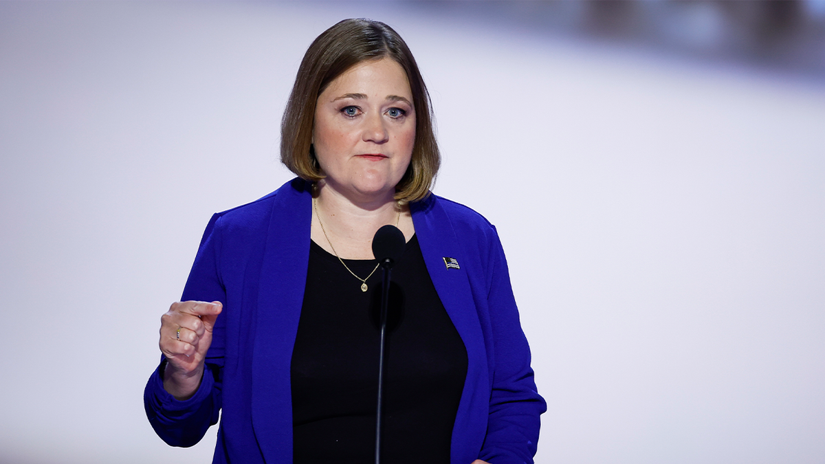 Iowa Attorney General Brenna Bird speaks on stage on the second day of the Republican National Convention at the Fiserv Forum on July 16, 2024, in Milwaukee. 