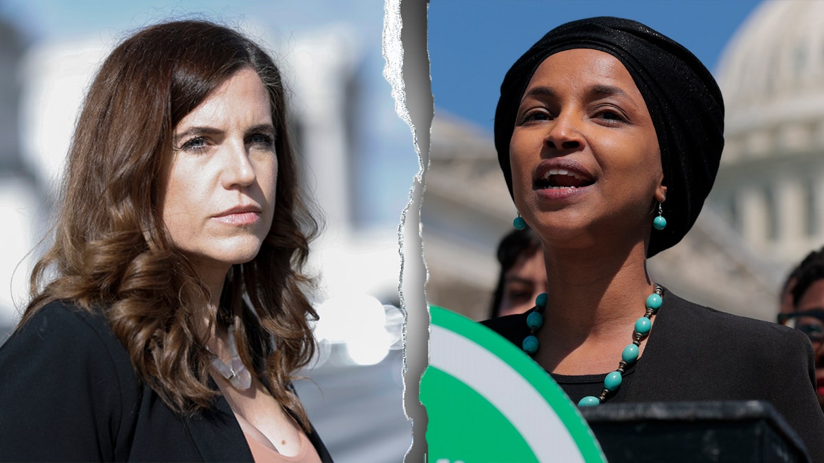 Rep. Nancy Mace serious stare outside U.S. Capitol Building split with photo of Rep. Ilhan Omar speaking outside U.S. Capitol