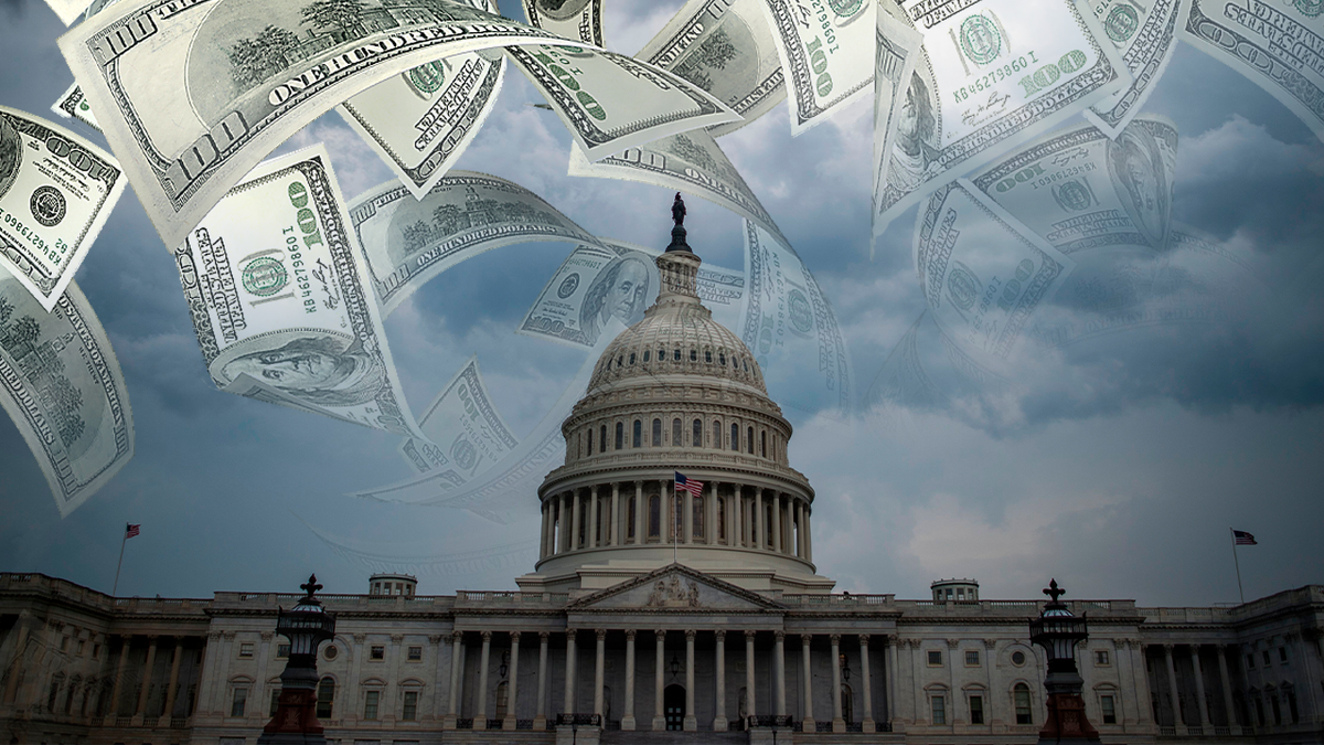 The U.S. capitol building with money raining down on it