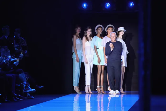 Fashion designer Giorgio Armani and models are seen on the runway during the finale of the Emporio Armani show at London Fashion Week September 2017 on September 17, 2017 in London, England. (Photo by Vittorio Zunino Celotto/BFC/Getty Images for The British Fashion Council)