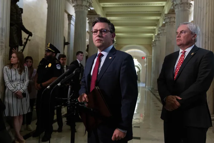 House Speaker Mike Johnson speaks at the Capitol on Sept. 2, 2025 with House Oversight Committee Chairman James Comer (R-KY) on the Epstein files. (Graeme Jennings/Washington Examiner)