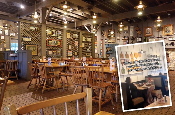Much like the logo, the new interior design Cracker Barrel rolled out in select restaurants left customers with a bad taste in their mouths. (Joe Raedle/Getty Images; Courtesy of TikTok)