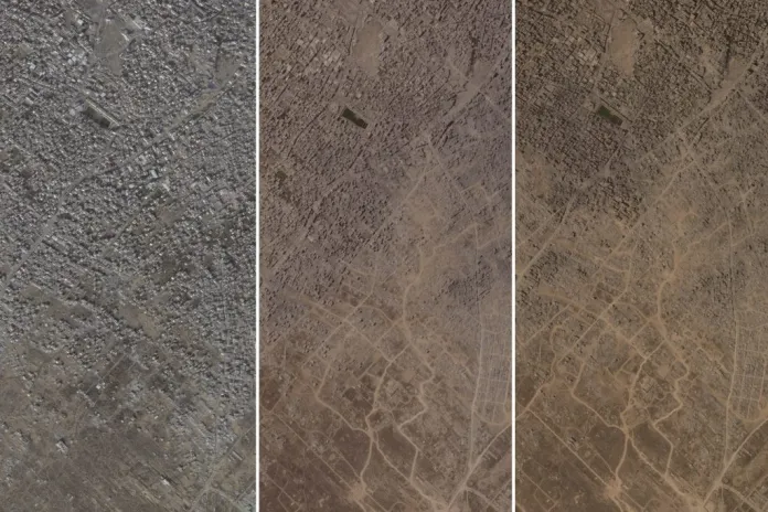 This combination of satellite photos from Planet Labs PBC shows the neighborhoods of Zeitoun and Sabra in Gaza City on Jan. 1, 2025, Aug. 1, 2025, and Sept. 2, 2025.