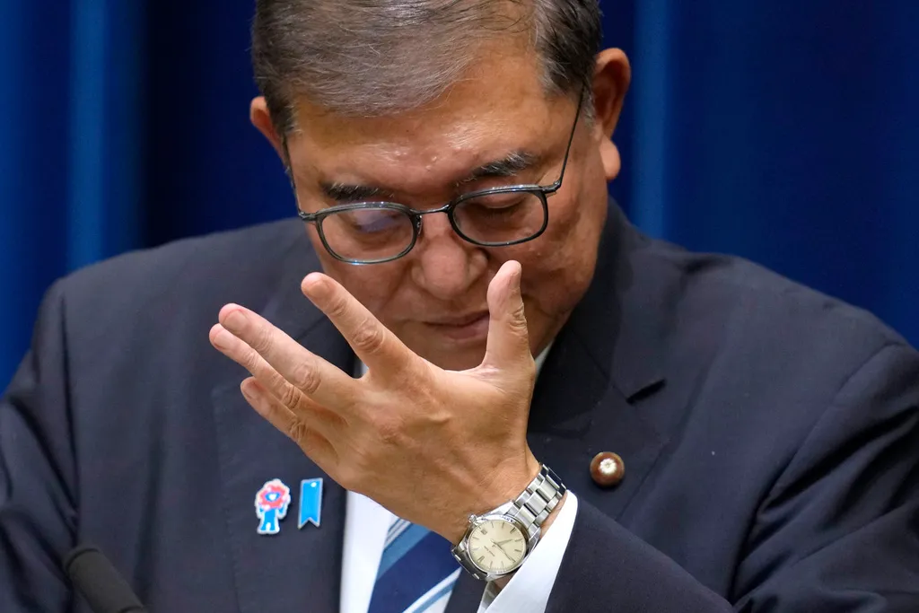 Japanese Prime Minister Shigeru Ishiba gestures during a news conference at which Ishiba announces that he will step down, at the prime minister's office in Tokyo, Japan, Sunday, Sept. 7, 2025.