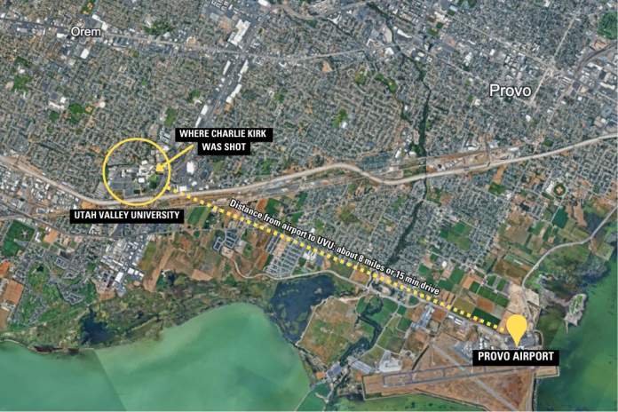 Aerial image indicating where Charlie Kirk was shot, the Utah Valley University campus, and how far the Provo Airport is from where the assassination happened.