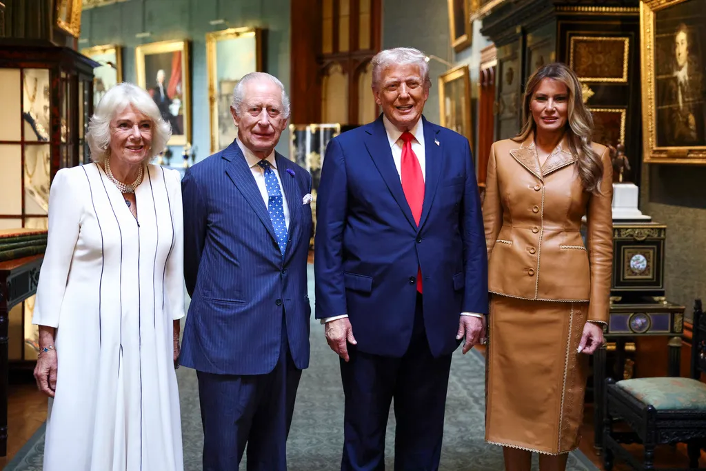 President Donald Trump and first lady Melania Trump, right, stand next to Britain's King Charles III and Queen Camilla.