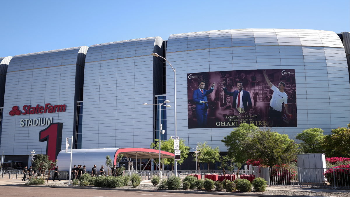 State Farm stadium ahead of the funeral of Charlie Kirk in Glendale, Arizona.