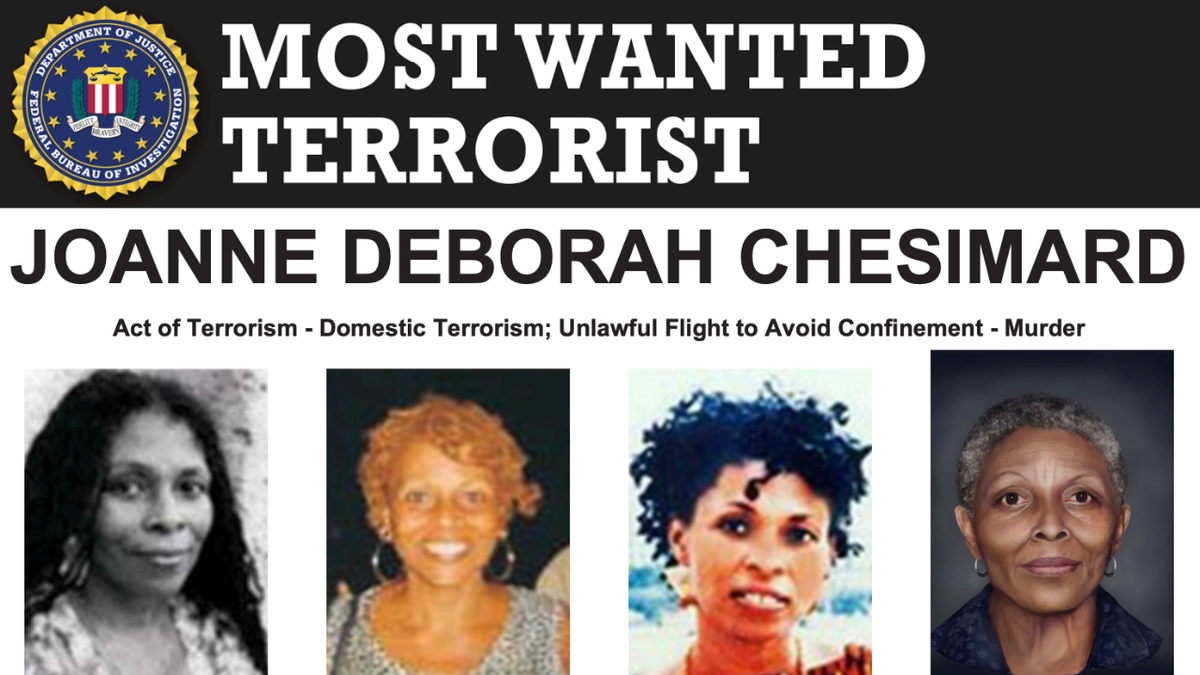 An FBI wanted poster for Joanne Chesimard showing four photos of her.