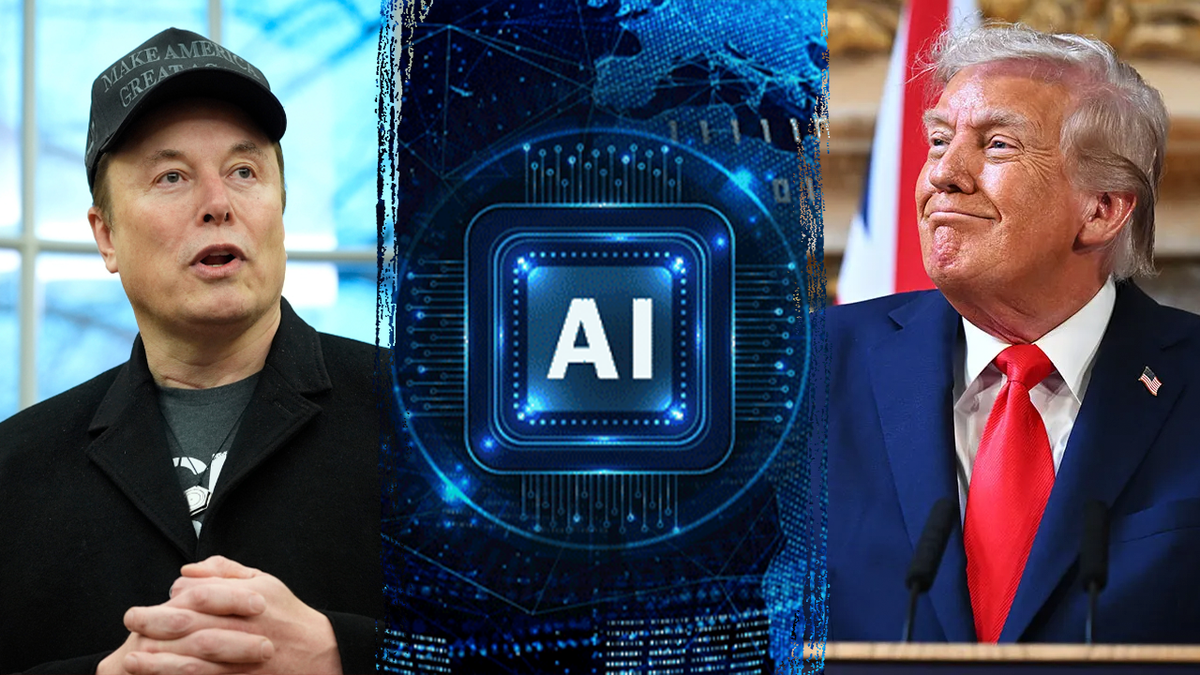 Elon Musk and Donald Trump with a graphic of artificial intelligence