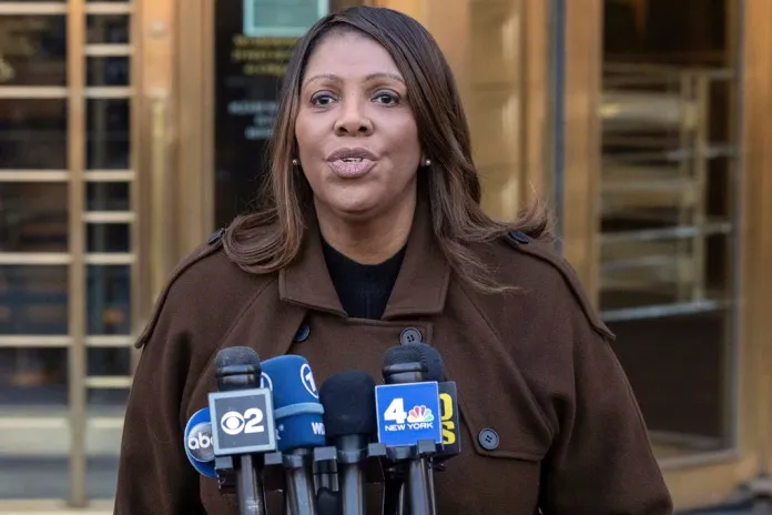 New York Attorney General Letitia James speaks during a news conference outside Manhattan federal court in New York on Friday, Feb. 14, 2025.