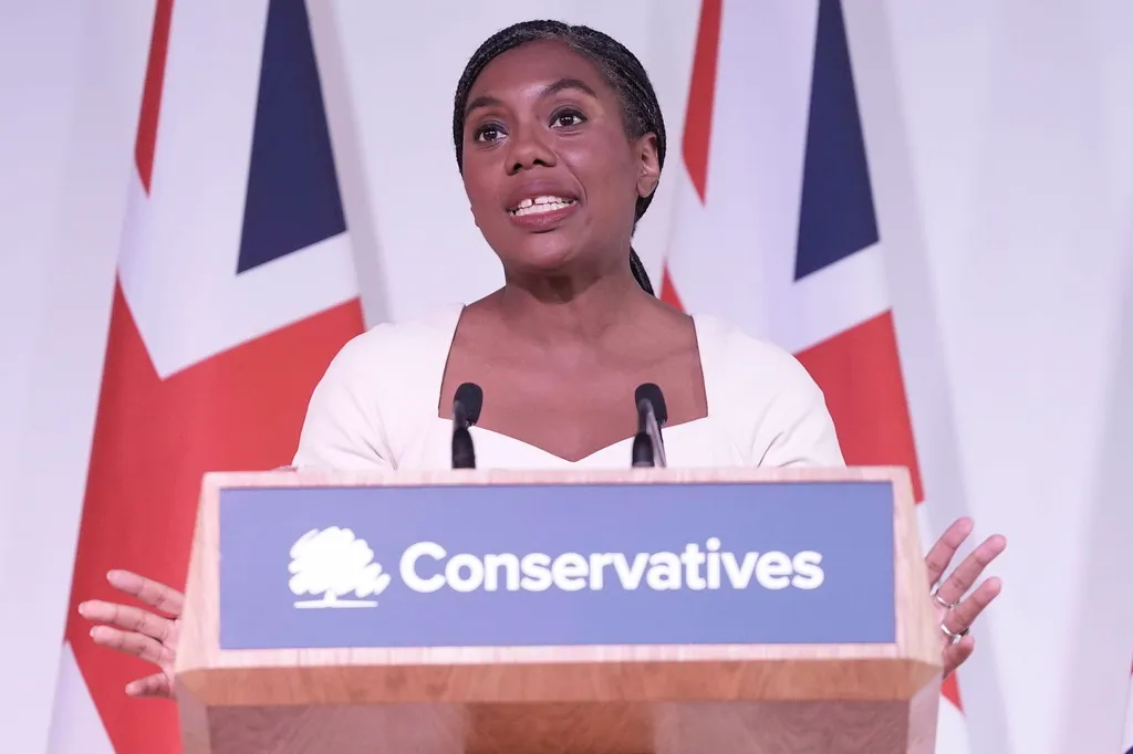 Conservative Party leader Kemi Badenoch delivers a speech.