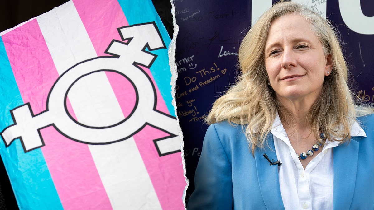 Composite photo of Abigail Spanberger and a transgender pride flag, symbolizing debate over her stance on transgender policies.