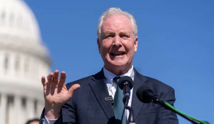 Sen. Chris Van Hollen, D-Md., speaks at a news conference about the Protect Our Probationary Employees Act on Capitol Hill, Tuesday, March 11, 2025, in Washington.