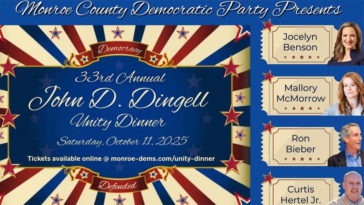 Placard for the Michigan 'Unity' dinner where a controversial anti-Trump sign was used to decorate the entrance