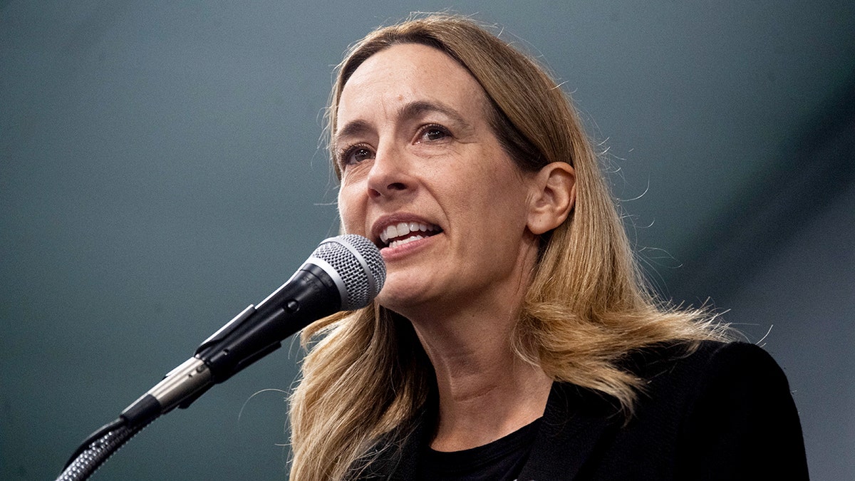 Rep. Mikie Sherrill speaking into microphone 