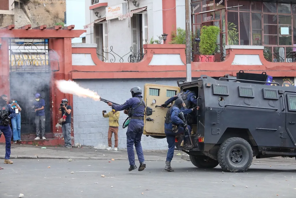 Madagascar police react to protesters.