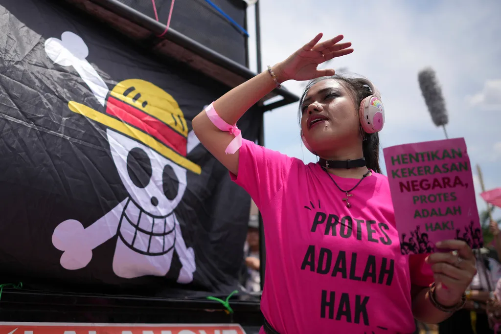 An activist holds a poster as a flag bearing an image of a skull with a straw hat from the popular anime "One Piece" is displayed.