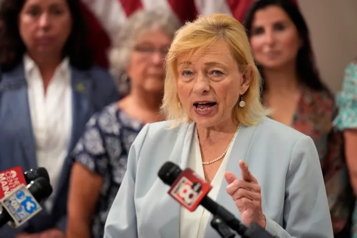 Maine Gov. Janet Mills speaks to the media in this July 19, 2023, file photo, at the State House in Augusta, Maine
